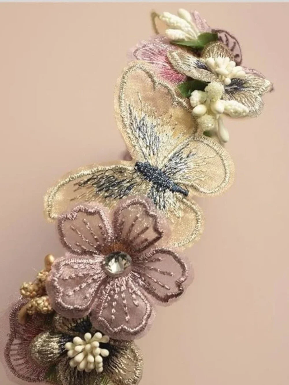 Handmade Cottagecore 3D Embroidered Butterfly Floral Lace Headband